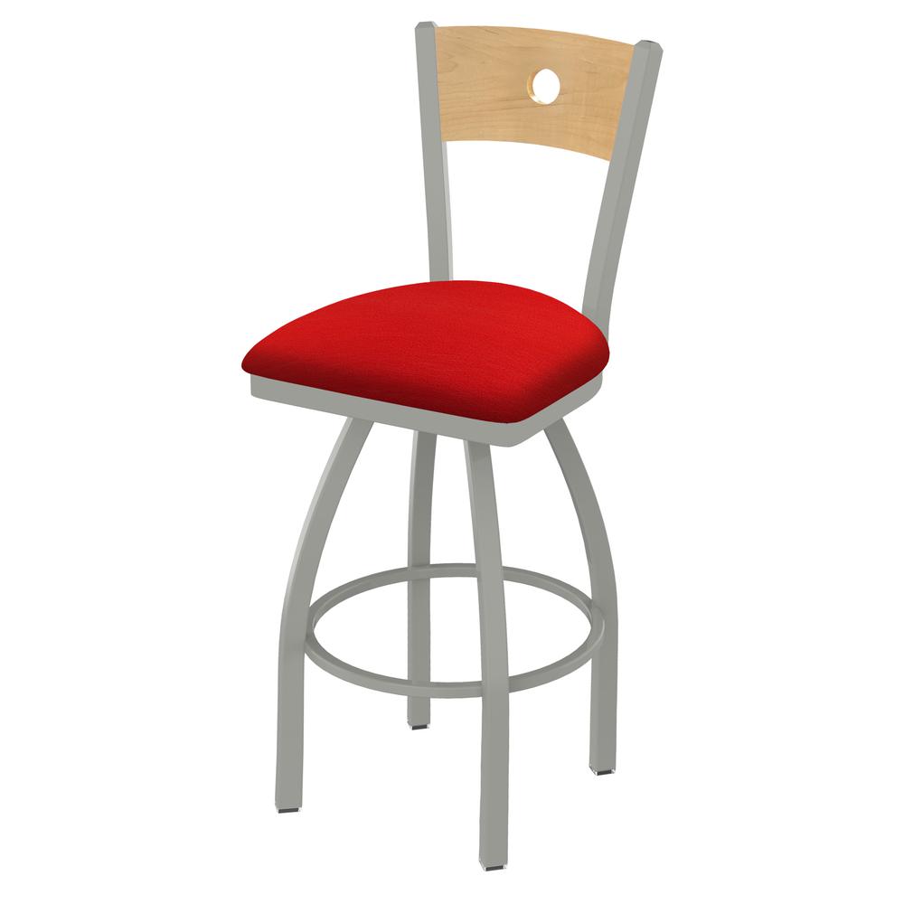 830 Voltaire 36" Swivel Counter Stool with Anodized Nickel Finish, Natural Back, and Canter Red Seat. Picture 1