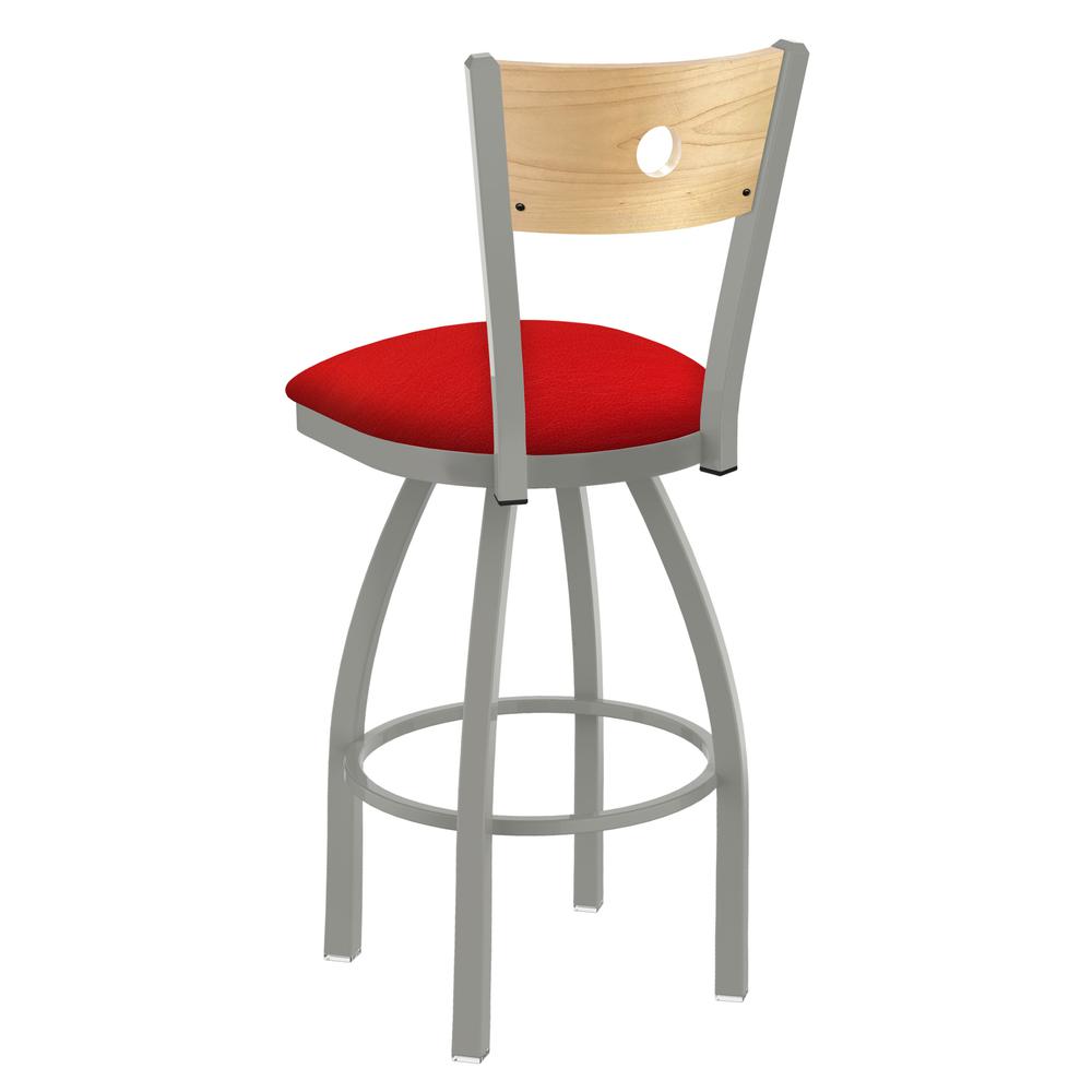830 Voltaire 36" Swivel Counter Stool with Anodized Nickel Finish, Natural Back, and Canter Red Seat. Picture 2