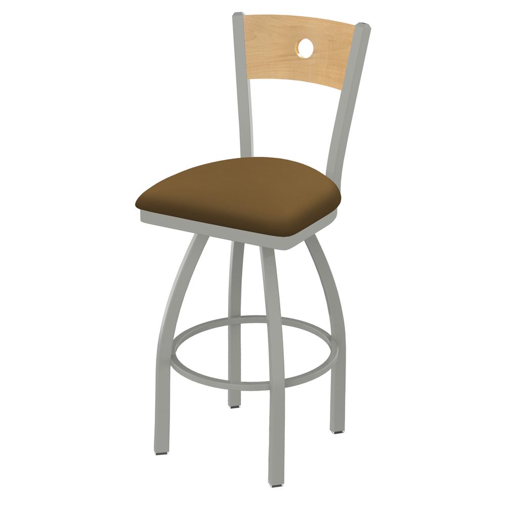 830 Voltaire 36" Swivel Counter Stool with Anodized Nickel Finish, Natural Back, and Canter Saddle Seat. Picture 1