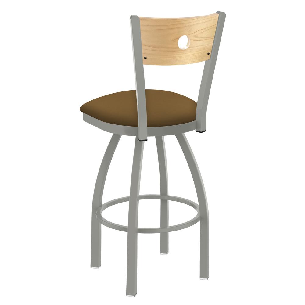 830 Voltaire 36" Swivel Counter Stool with Anodized Nickel Finish, Natural Back, and Canter Saddle Seat. Picture 2