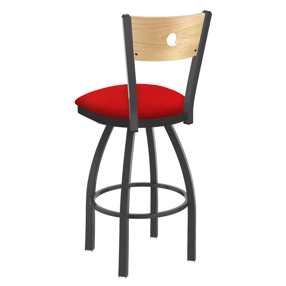 830 Voltaire 25" Swivel Counter Stool with Pewter Finish, Natural Back, and Canter Red Seat. Picture 3