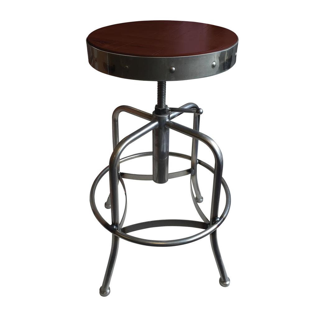 910 Industrial-Adjustable Stool with Clear Coat Finish and Dark Cherry Distressed Hardwood Seat. Picture 1