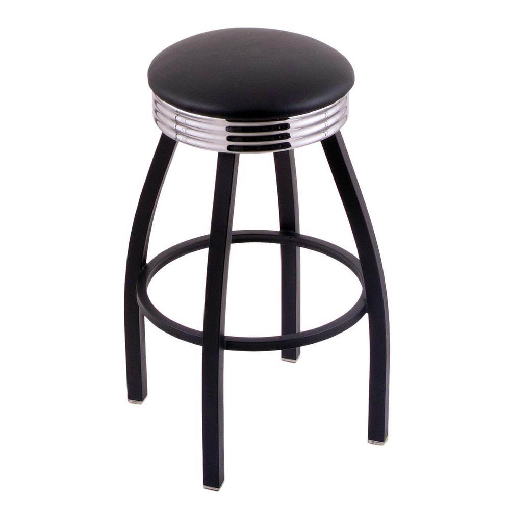C8B3C Classic Series 25" Counter Stool with Black Wrinkle Finish, Ribbed Chrome Accent Ring, Black Vinyl Seat, and 360 swivel. The main picture.