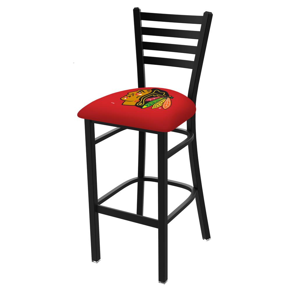 L004 - 30" Black Wrinkle Chicago Blackhawks Stationary Bar Stool with Ladder Style Back by Holland Bar Stool Co.. Picture 1
