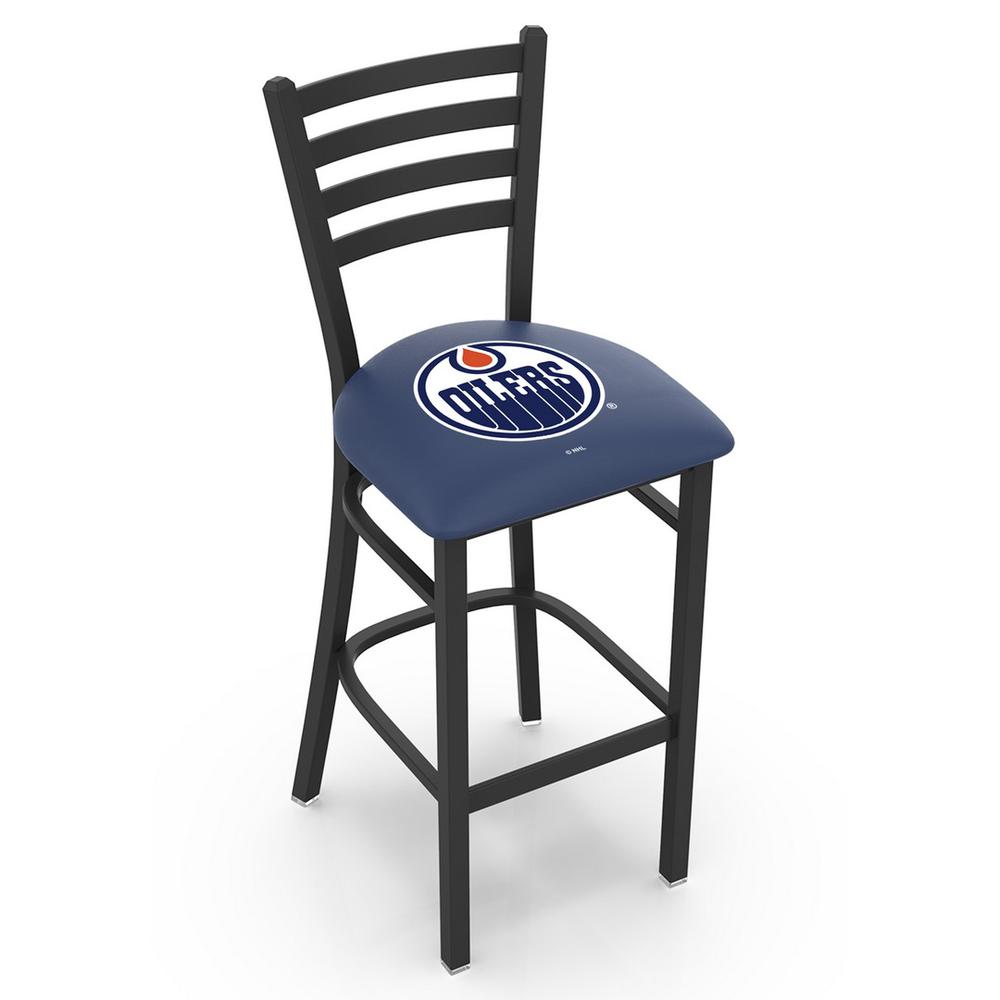 L004 - 30" Black Wrinkle Edmonton Oilers Stationary Bar Stool with Ladder Style Back by Holland Bar Stool Co.. Picture 1