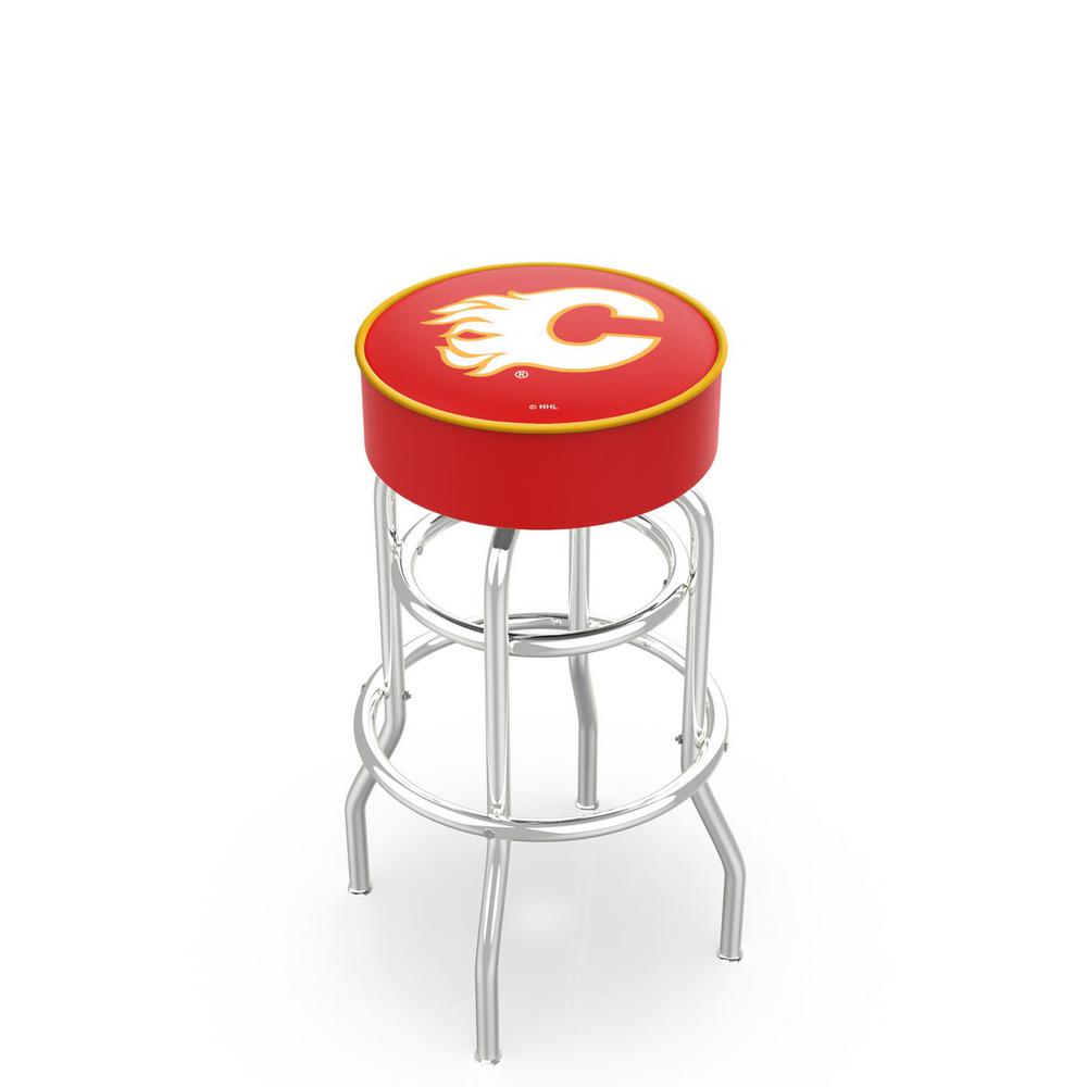 30" L7C1 - 4" Calgary Flames Cushion Seat with Double-Ring Chrome Base Swivel Bar Stool by Holland Bar Stool Company. Picture 1