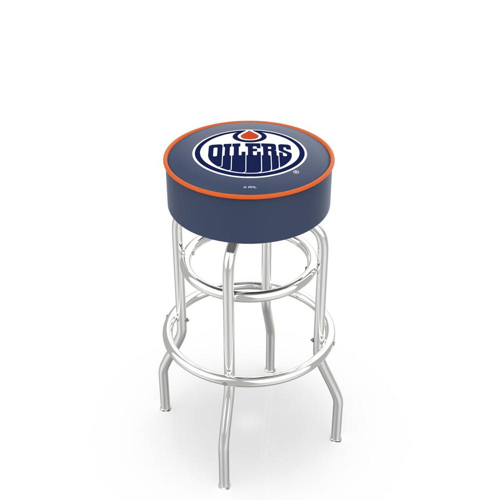25" L7C1 - 4" Edmonton Oilers Cushion Seat with Double-Ring Chrome Base Swivel Bar Stool by Holland Bar Stool Company. Picture 1