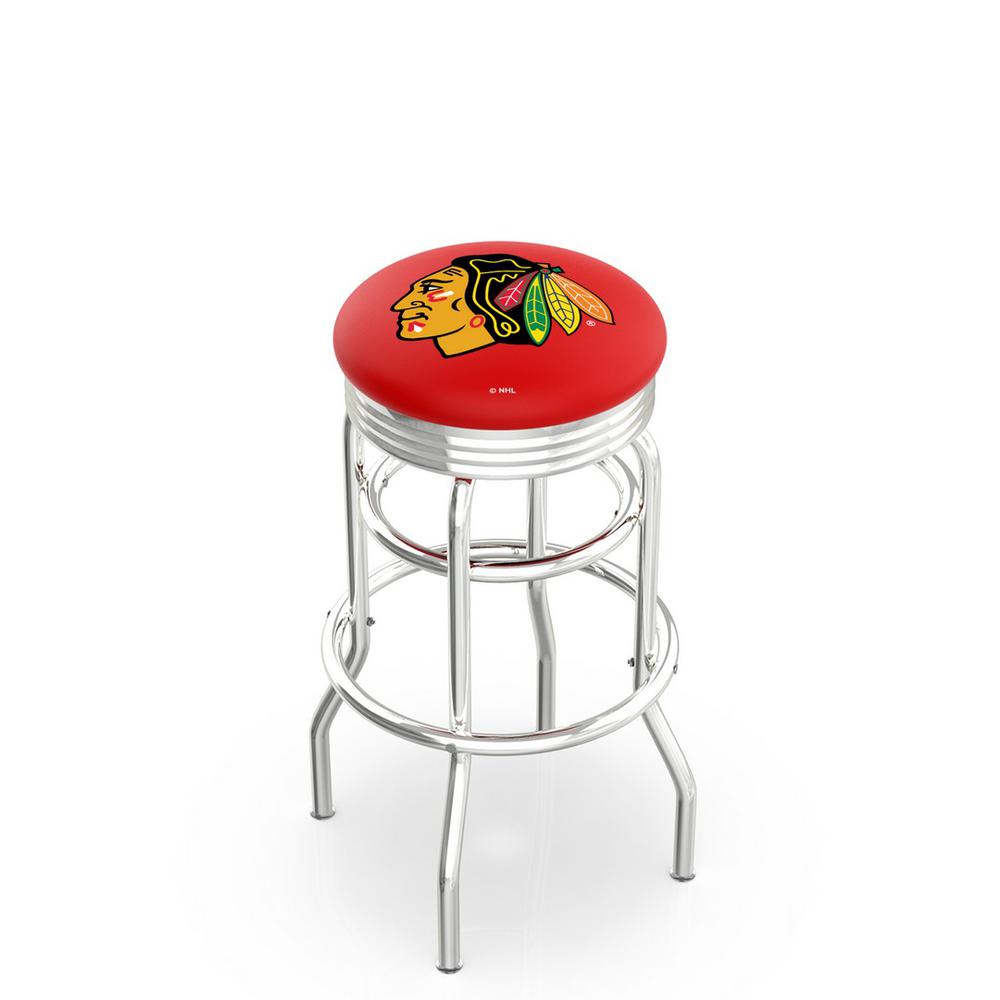 25" L7C3C - Chrome Double Ring Chicago Blackhawks Swivel Bar Stool with 2.5" Ribbed Accent Ring by Holland Bar Stool Company. Picture 1