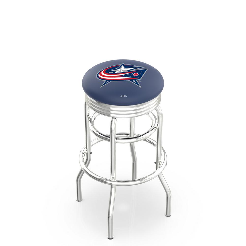 30" L7C3C - Chrome Double Ring Columbus Blue Jackets Swivel Bar Stool with 2.5" Ribbed Accent Ring by Holland Bar Stool Company. Picture 1
