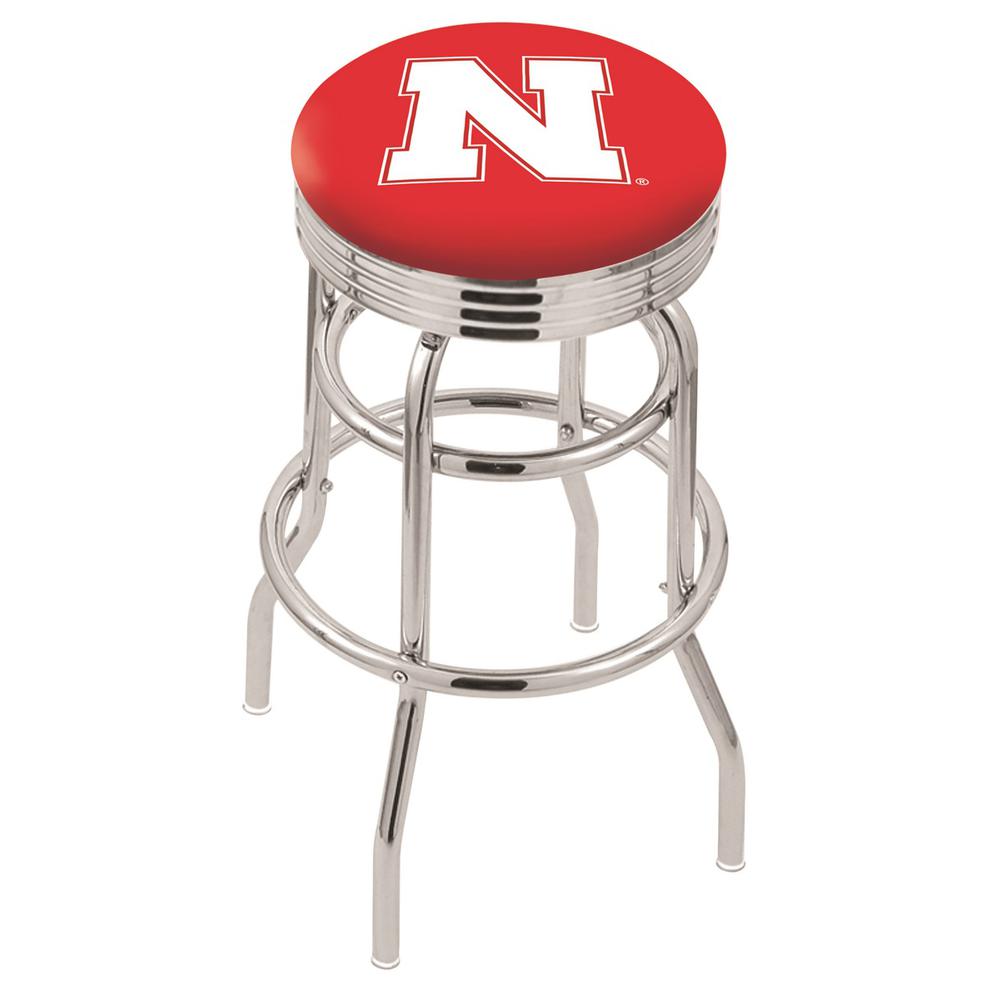 30" L7C3C - Chrome Double Ring Nebraska Swivel Bar Stool with 2.5" Ribbed Accent Ring by Holland Bar Stool Company. Picture 1