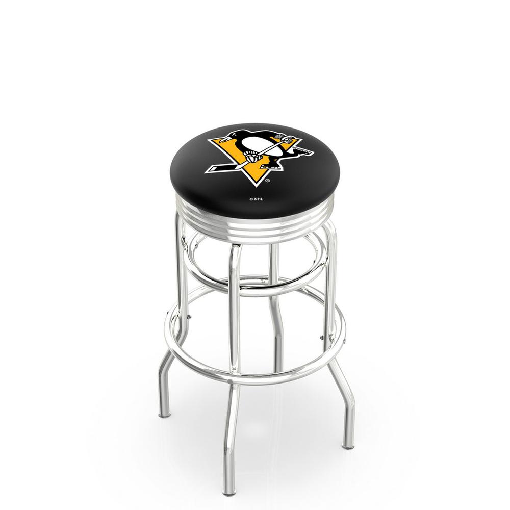 30" L7C3C - Chrome Double Ring Pittsburgh Penguins Swivel Bar Stool with 2.5" Ribbed Accent Ring by Holland Bar Stool Company. Picture 1