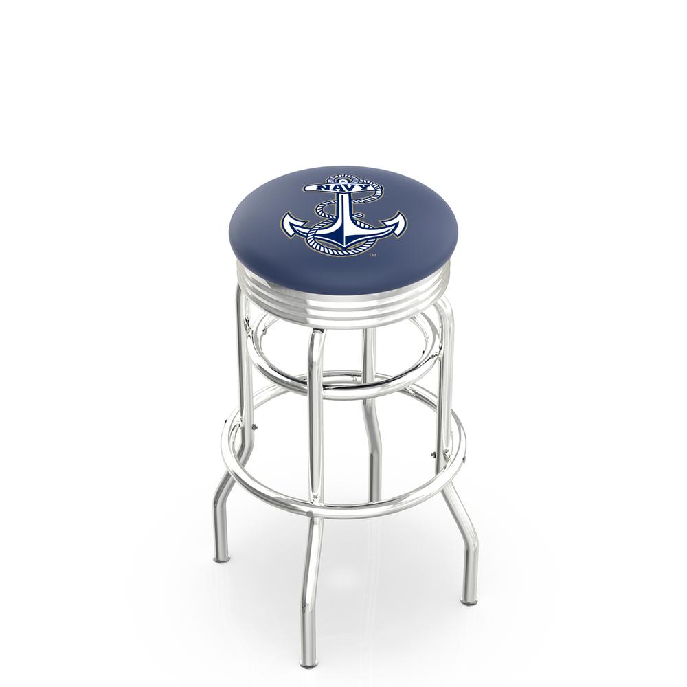 30" L7C3C - Chrome Double Ring US Naval Academy (NAVY) Swivel Bar Stool with 2.5" Ribbed Accent Ring by Holland Bar Stool Company. Picture 1
