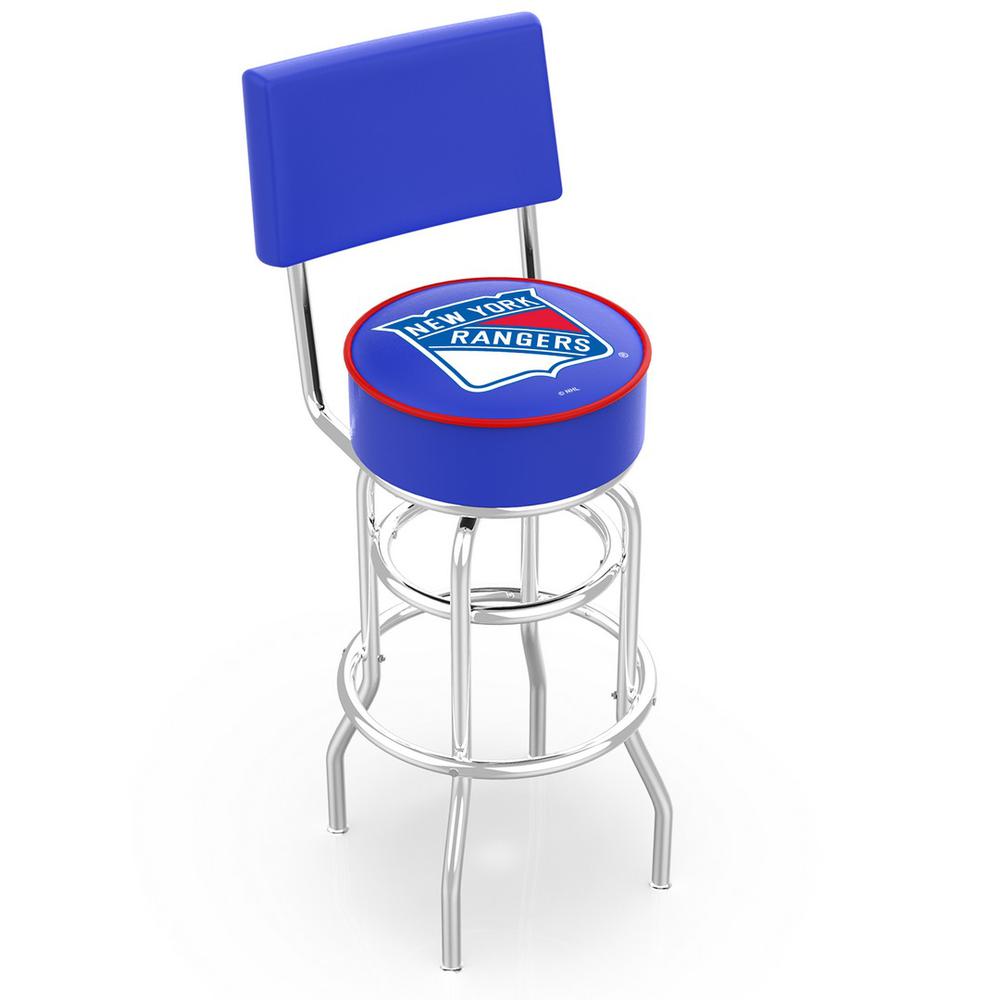 30" L7C4 - Chrome Double Ring New York Rangers Swivel Bar Stool with a Back by Holland Bar Stool Company. Picture 1