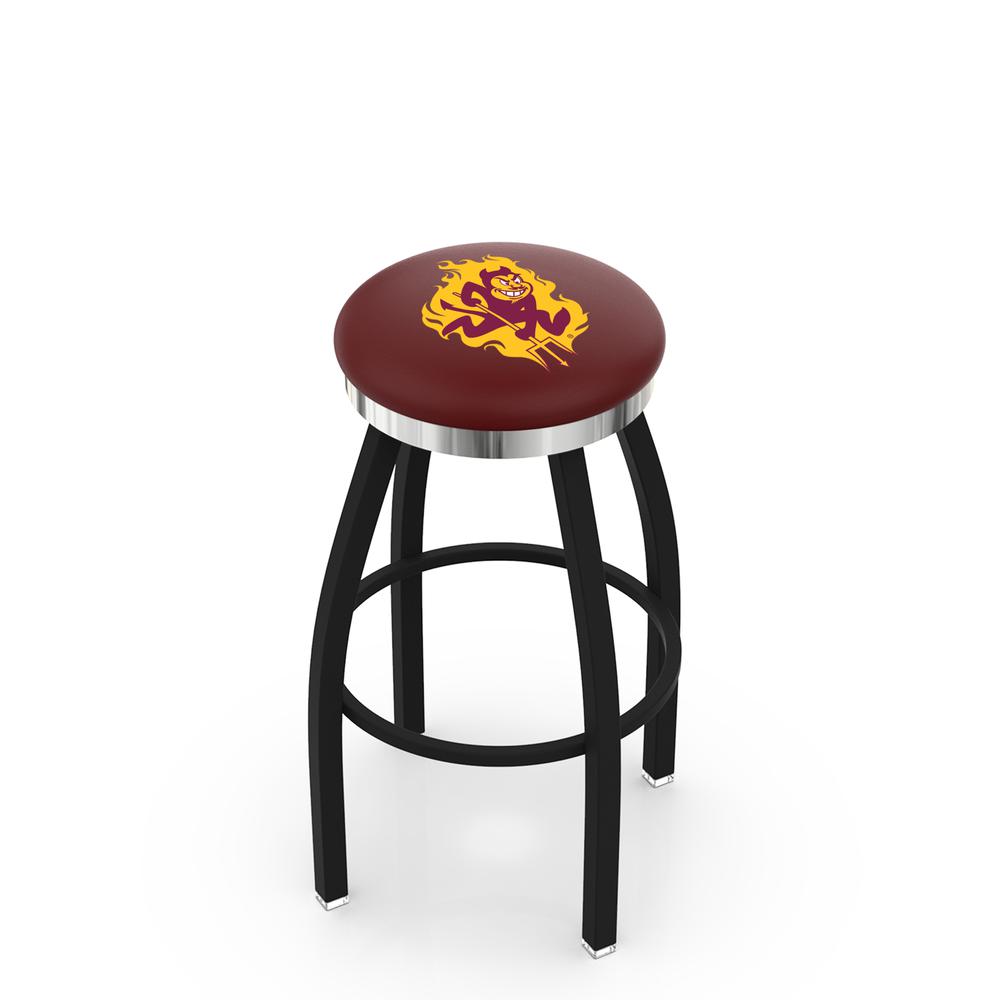 36" L8B2C - Black Wrinkle Arizona State Swivel Bar Stool with Chrome Accent Ring and Sparky Logo by Holland Bar Stool Company. Picture 1