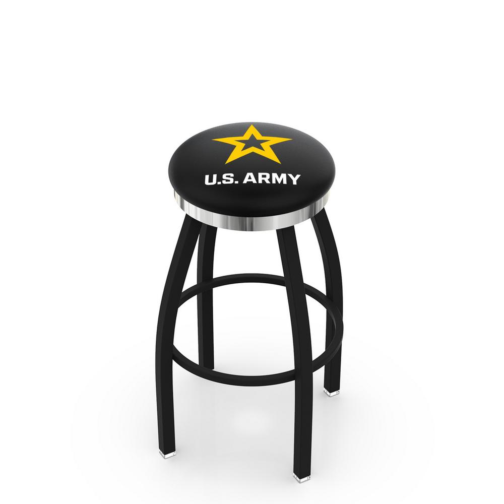 36" L8B2C - Black Wrinkle U.S. Army Swivel Bar Stool with Chrome Accent Ring by Holland Bar Stool Company. Picture 1