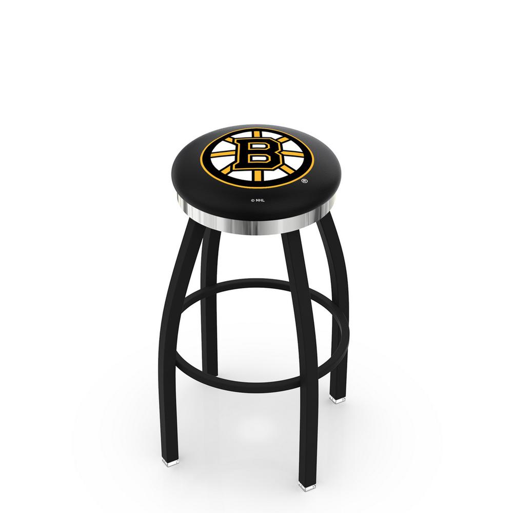 36" L8B2C - Black Wrinkle Boston Bruins Swivel Bar Stool with Chrome Accent Ring by Holland Bar Stool Company. Picture 1