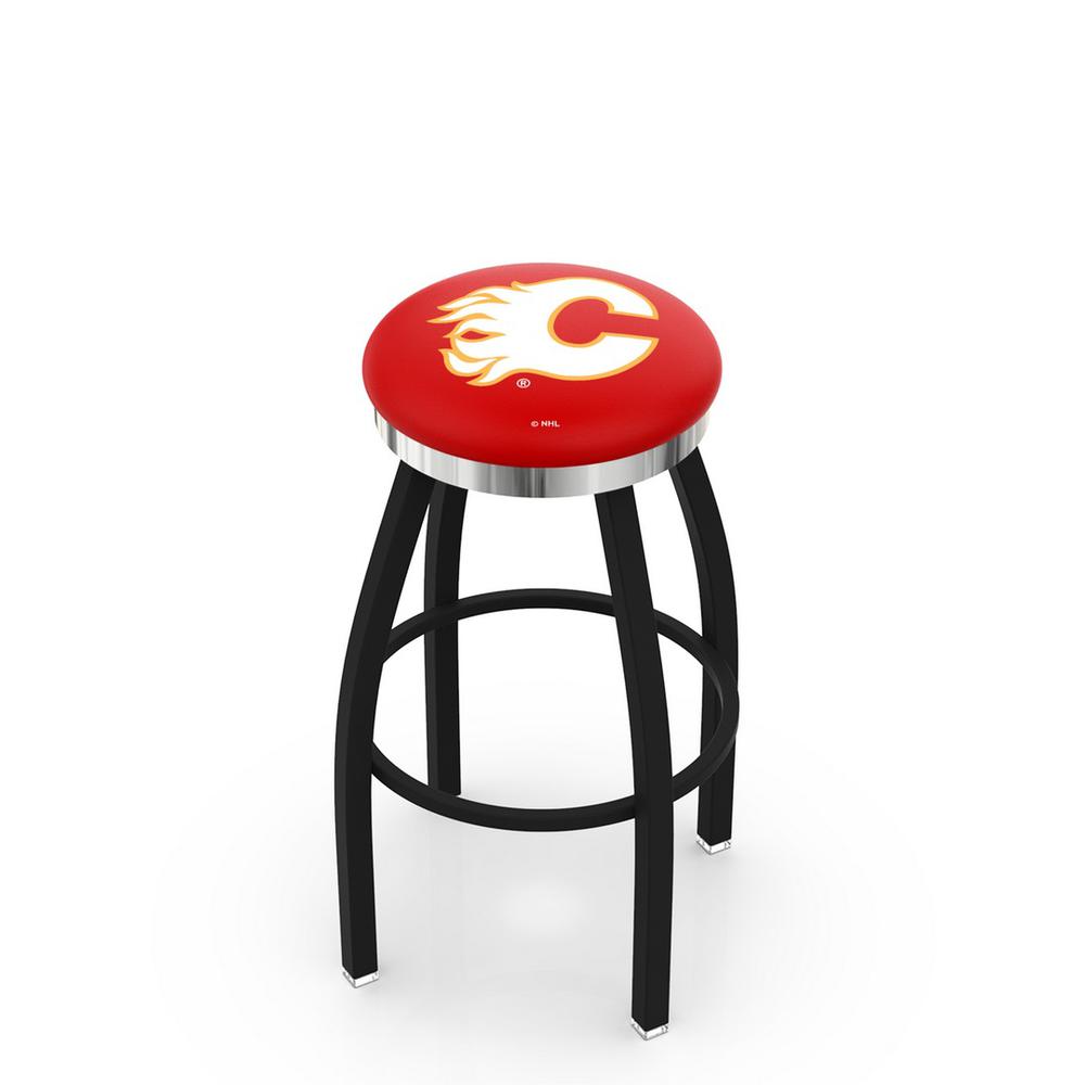36" L8B2C - Black Wrinkle Calgary Flames Swivel Bar Stool with Chrome Accent Ring by Holland Bar Stool Company. Picture 1