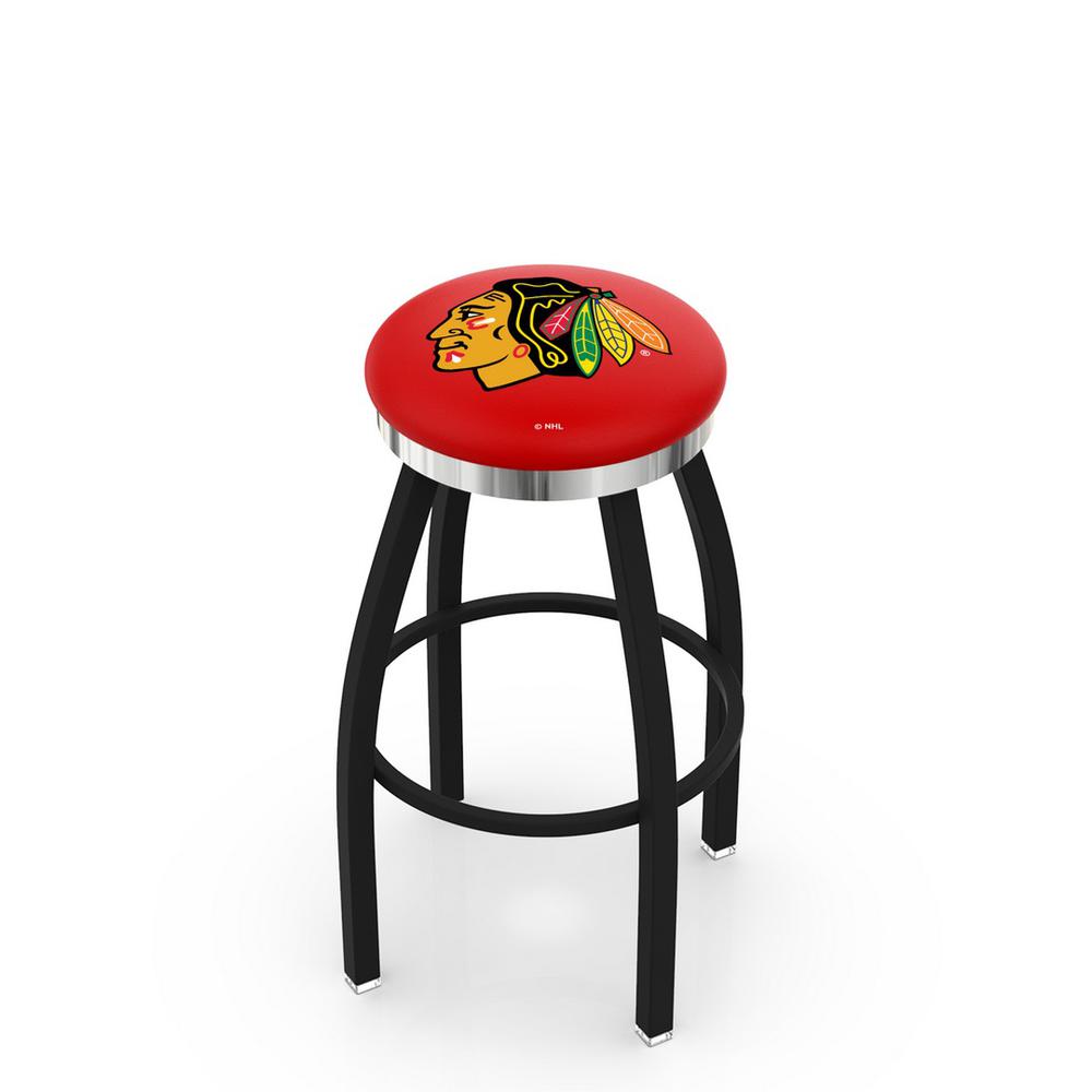 36" L8B2C - Black Wrinkle Chicago Blackhawks Swivel Bar Stool with Chrome Accent Ring by Holland Bar Stool Company. Picture 1