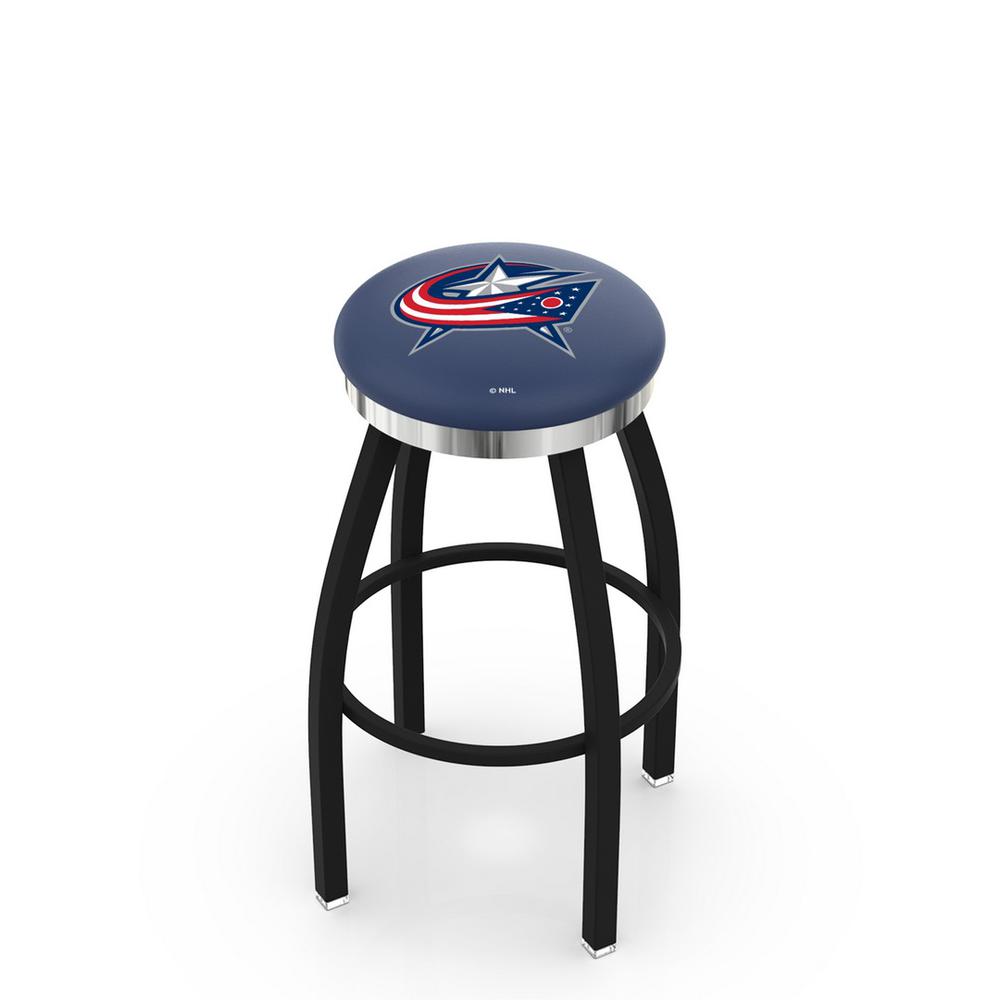 36" L8B2C - Black Wrinkle Columbus Blue Jackets Swivel Bar Stool with Chrome Accent Ring by Holland Bar Stool Company. Picture 1