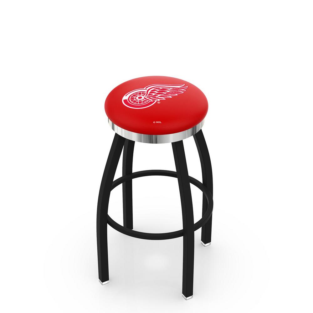 36" L8B2C - Black Wrinkle Detroit Red Wings Swivel Bar Stool with Chrome Accent Ring by Holland Bar Stool Company. Picture 1