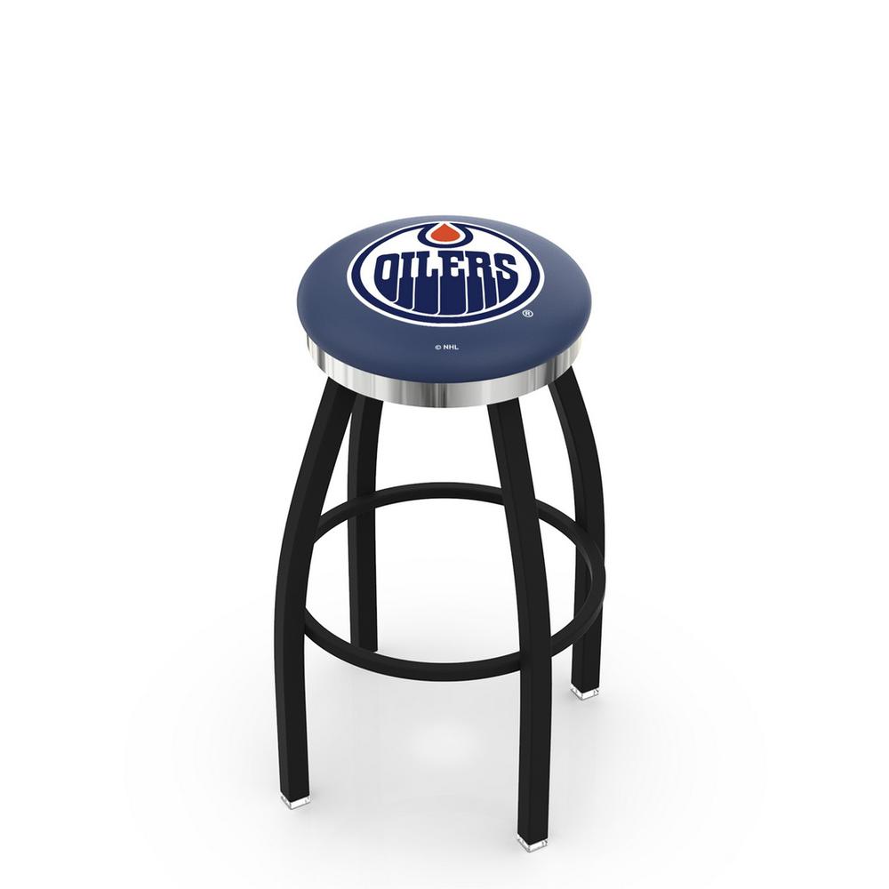 36" L8B2C - Black Wrinkle Edmonton Oilers Swivel Bar Stool with Chrome Accent Ring by Holland Bar Stool Company. The main picture.