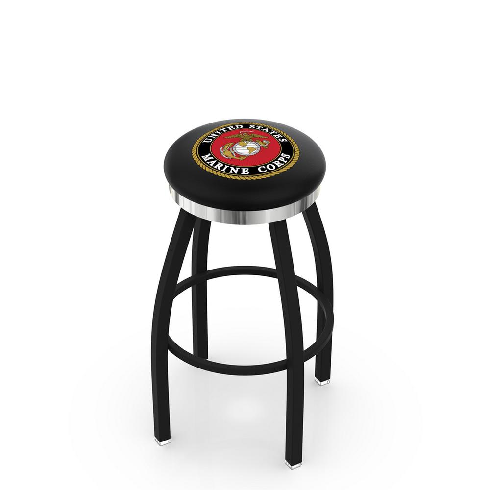36" L8B2C - Black Wrinkle U.S. Marines Swivel Bar Stool with Chrome Accent Ring by Holland Bar Stool Company. Picture 1