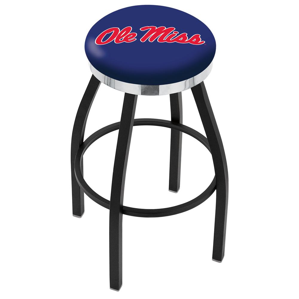 36" L8B2C - Black Wrinkle Ole' Miss Swivel Bar Stool with Chrome Accent Ring by Holland Bar Stool Company. Picture 1