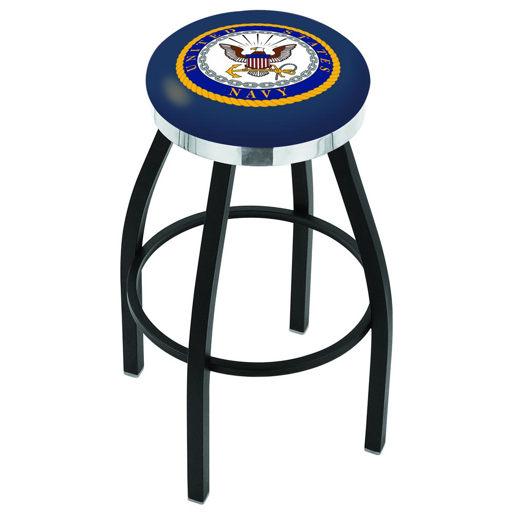 36" L8B2C - Black Wrinkle U.S. Navy Swivel Bar Stool with Chrome Accent Ring by Holland Bar Stool Company. Picture 1