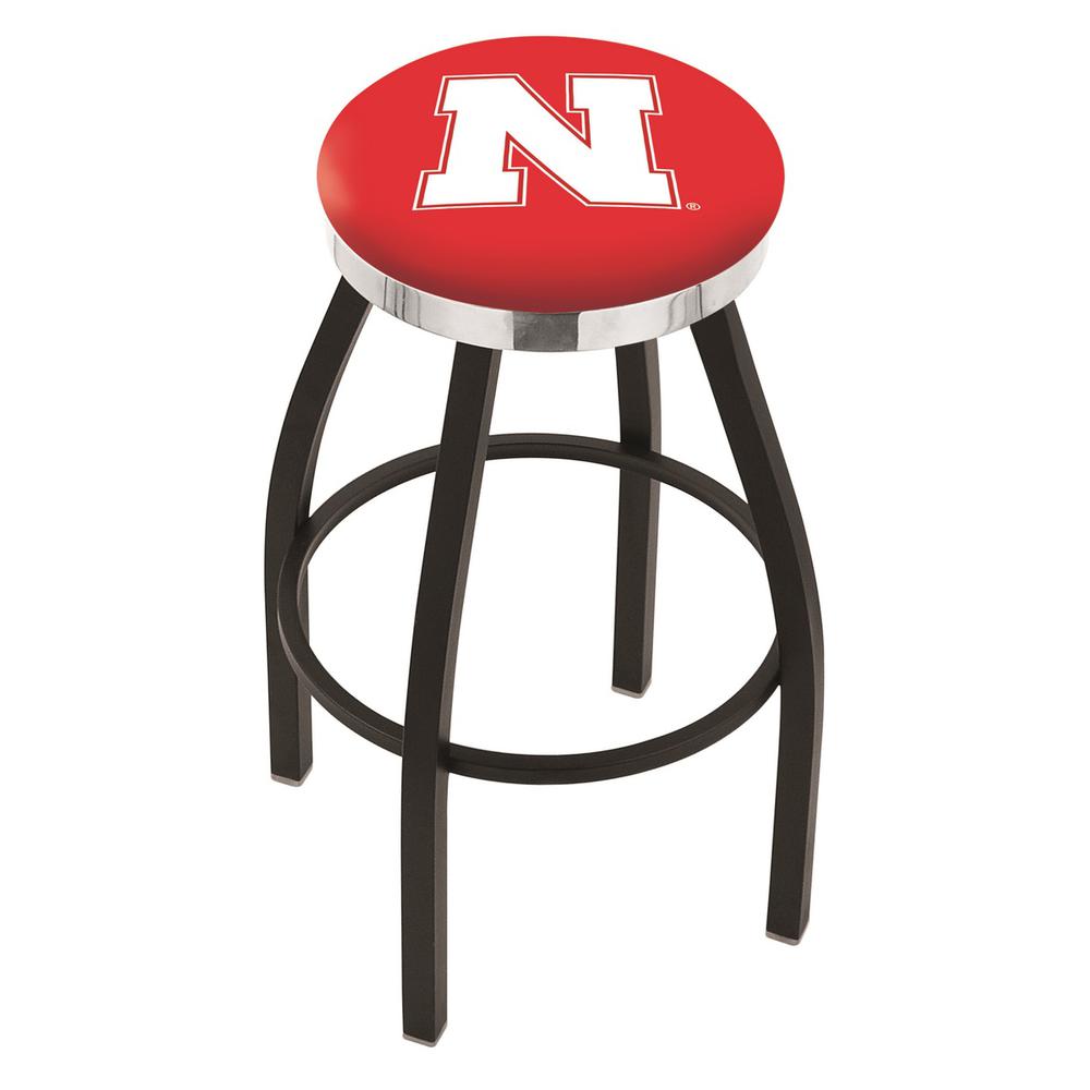 36" L8B2C - Black Wrinkle Nebraska Swivel Bar Stool with Chrome Accent Ring by Holland Bar Stool Company. Picture 1