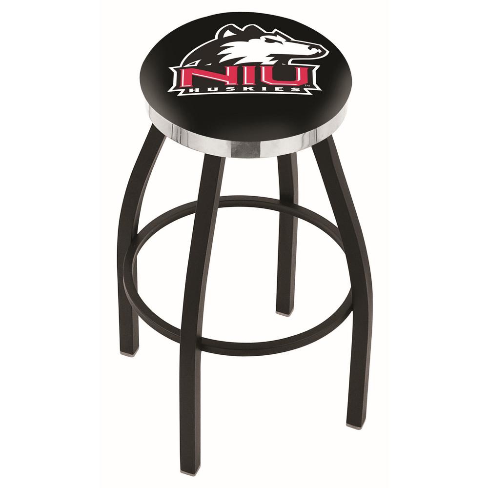 36" L8B2C - Black Wrinkle Northern Illinois Swivel Bar Stool with Chrome Accent Ring by Holland Bar Stool Company. Picture 1