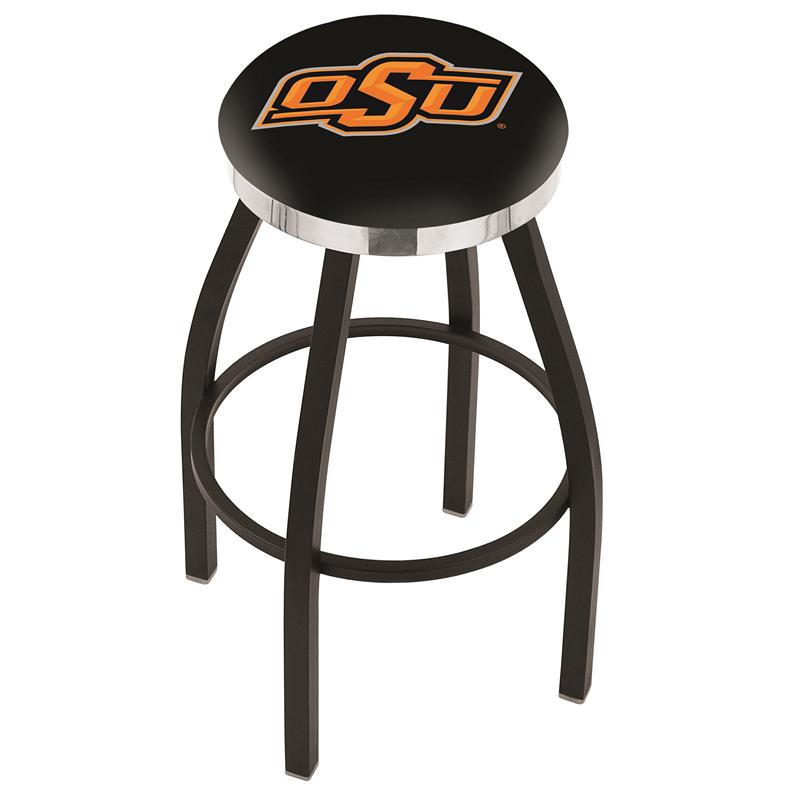 36" L8B2C - Black Wrinkle Oklahoma State Swivel Bar Stool with Chrome Accent Ring by Holland Bar Stool Company. Picture 1