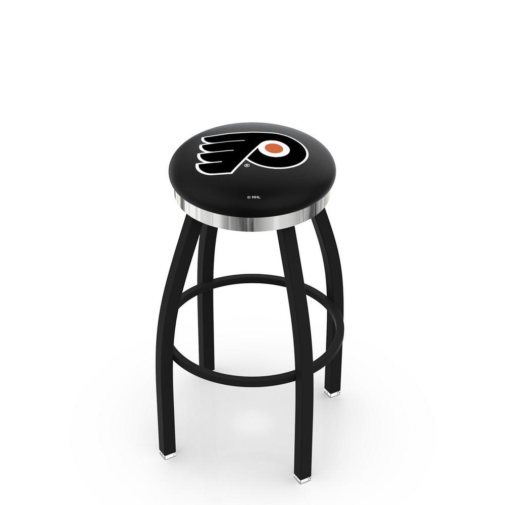 36" L8B2C - Black Wrinkle Philadelphia Flyers Swivel Bar Stool with Chrome Accent Ring by Holland Bar Stool Company. Picture 1