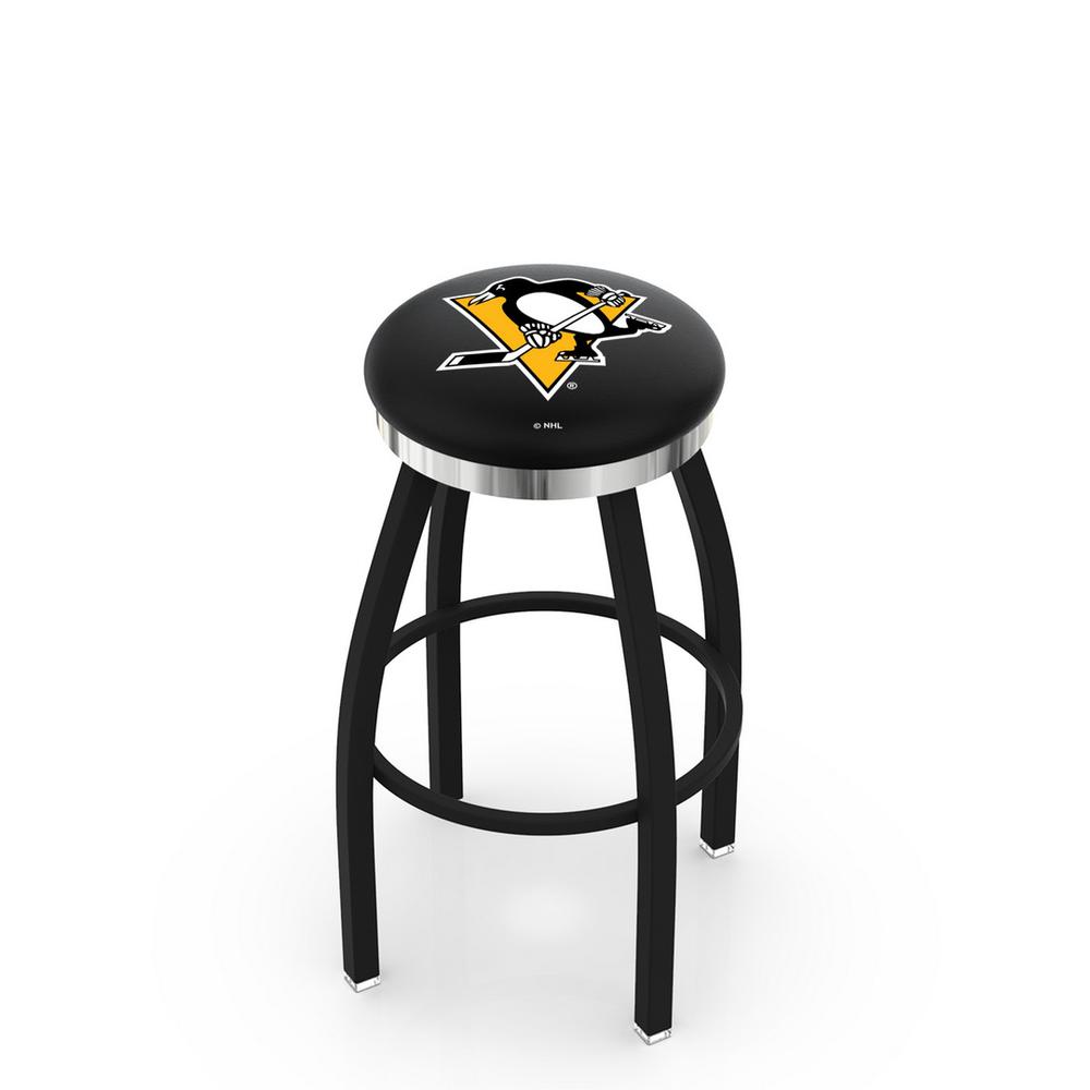36" L8B2C - Black Wrinkle Pittsburgh Penguins Swivel Bar Stool with Chrome Accent Ring by Holland Bar Stool Company. Picture 1