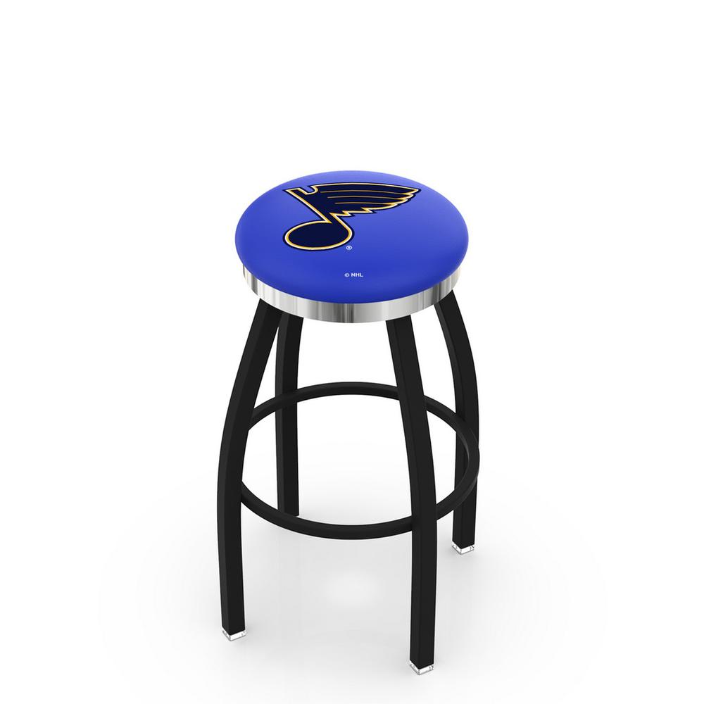 36" L8B2C - Black Wrinkle St Louis Blues Swivel Bar Stool with Chrome Accent Ring by Holland Bar Stool Company. Picture 1