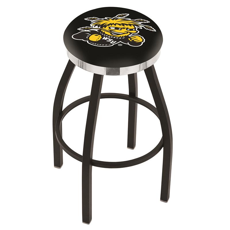 36" L8B2C - Black Wrinkle Wichita State Swivel Bar Stool with Chrome Accent Ring by Holland Bar Stool Company. Picture 1