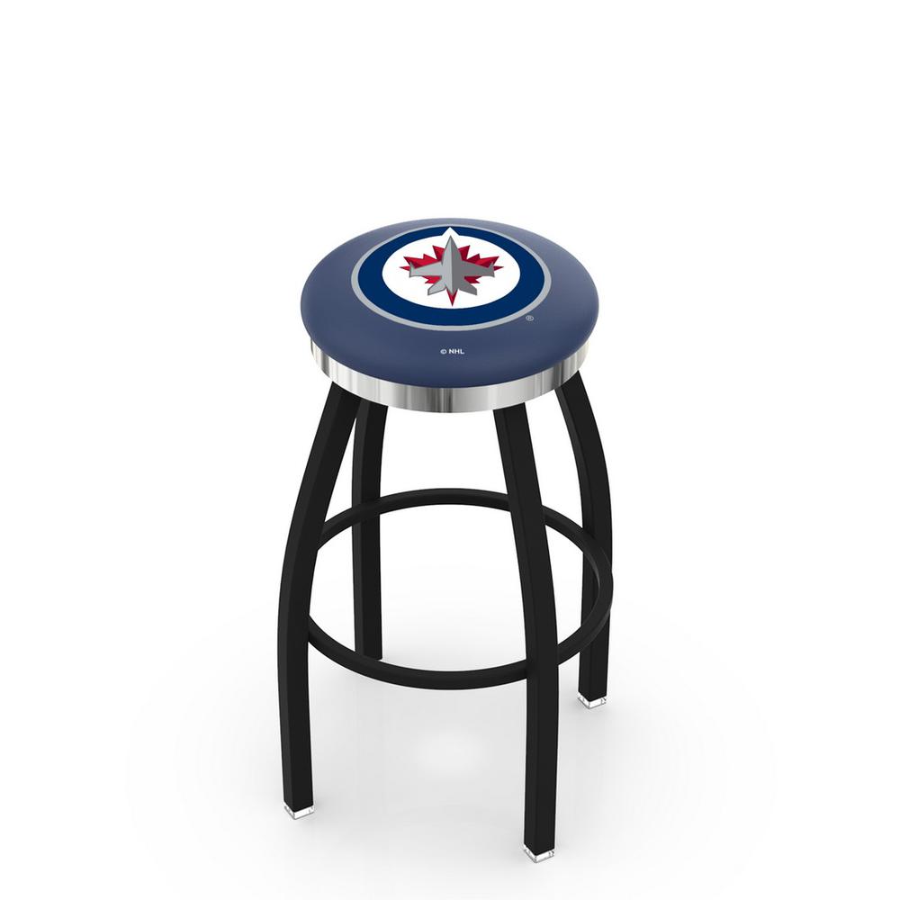 36" L8B2C - Black Wrinkle Winnipeg Jets Swivel Bar Stool with Chrome Accent Ring by Holland Bar Stool Company. Picture 1