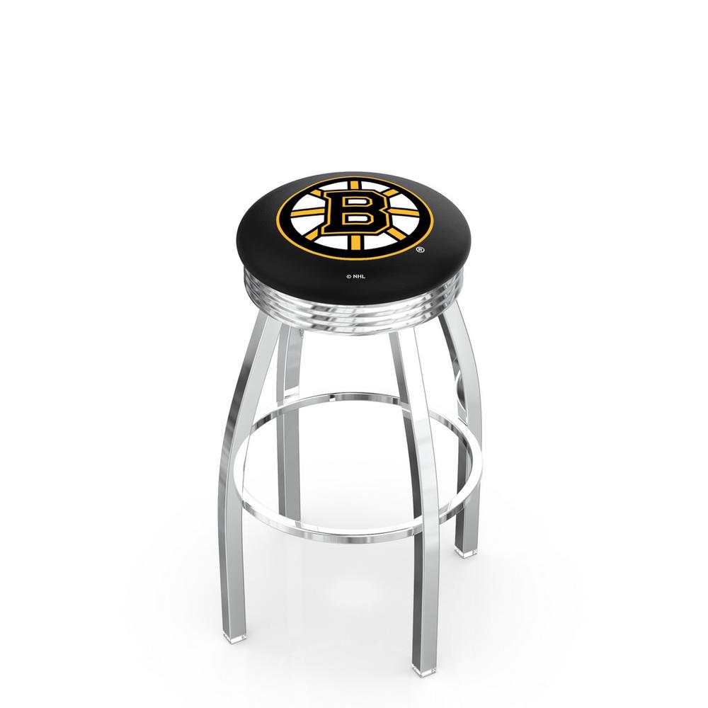 30" L8C3C - Chrome Boston Bruins Swivel Bar Stool with 2.5" Ribbed Accent Ring by Holland Bar Stool Company. Picture 1