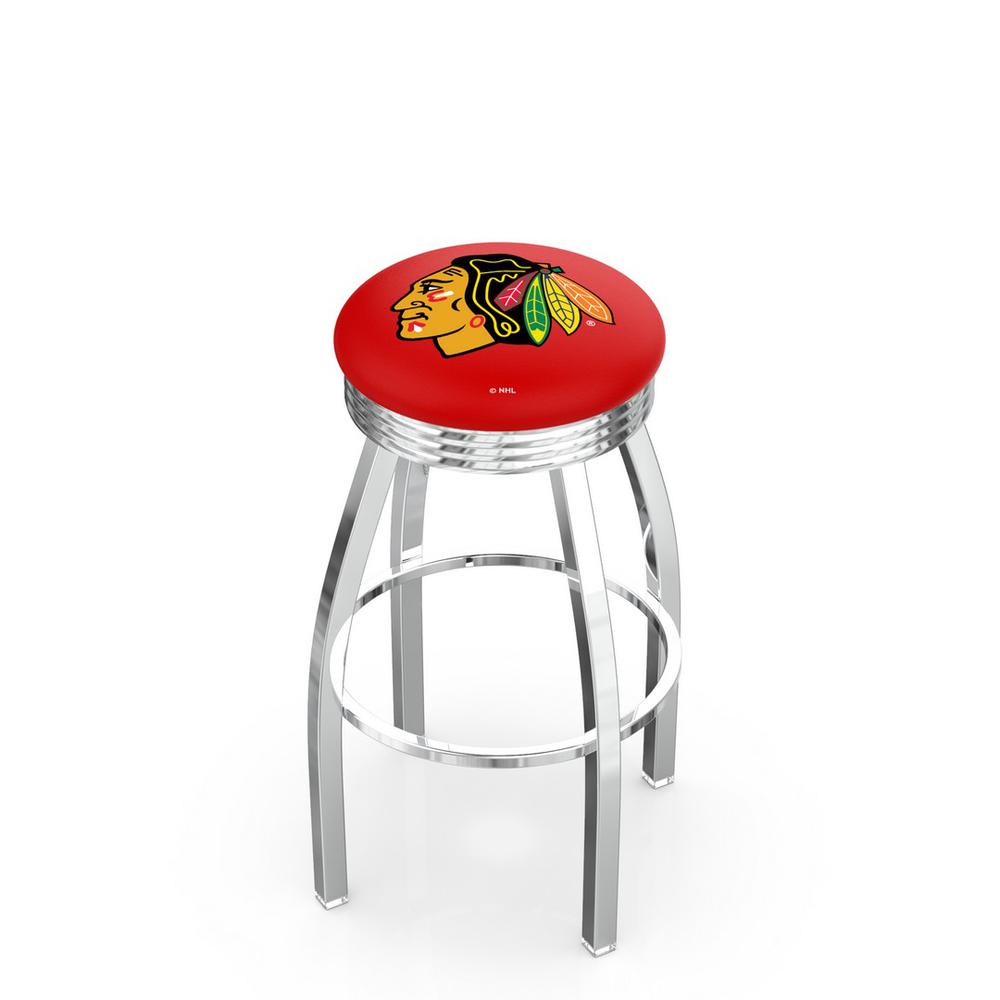 25" L8C3C - Chrome Chicago Blackhawks Swivel Bar Stool with 2.5" Ribbed Accent Ring by Holland Bar Stool Company. Picture 1