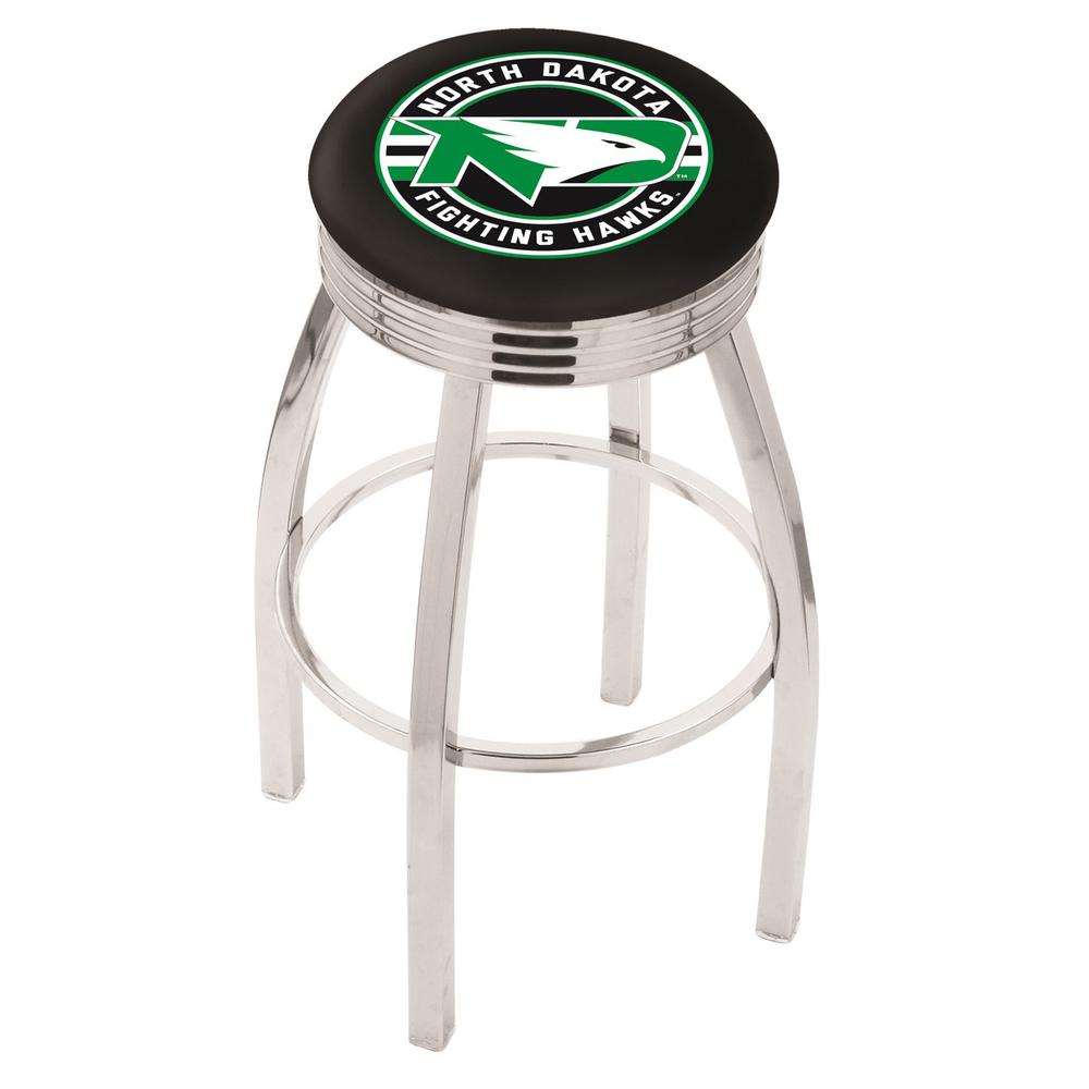 25" L8C3C - Chrome North Dakota Swivel Bar Stool with 2.5" Ribbed Accent Ring by Holland Bar Stool Company. Picture 1