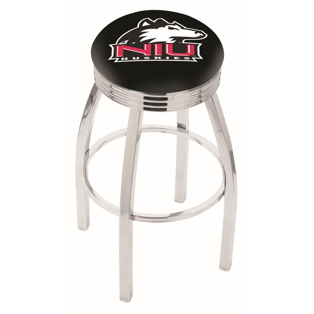 25" L8C3C - Chrome Northern Illinois Swivel Bar Stool with 2.5" Ribbed Accent Ring by Holland Bar Stool Company. Picture 1