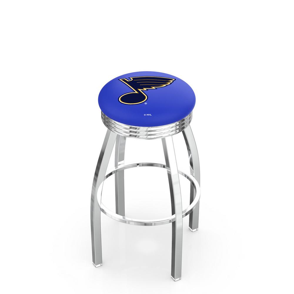 30" L8C3C - Chrome St Louis Blues Swivel Bar Stool with 2.5" Ribbed Accent Ring by Holland Bar Stool Company. Picture 1