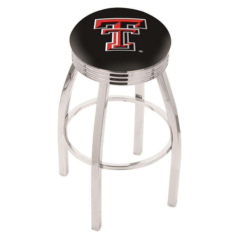 30" L8C3C - Chrome Texas Tech Swivel Bar Stool with 2.5" Ribbed Accent Ring by Holland Bar Stool Company. Picture 1