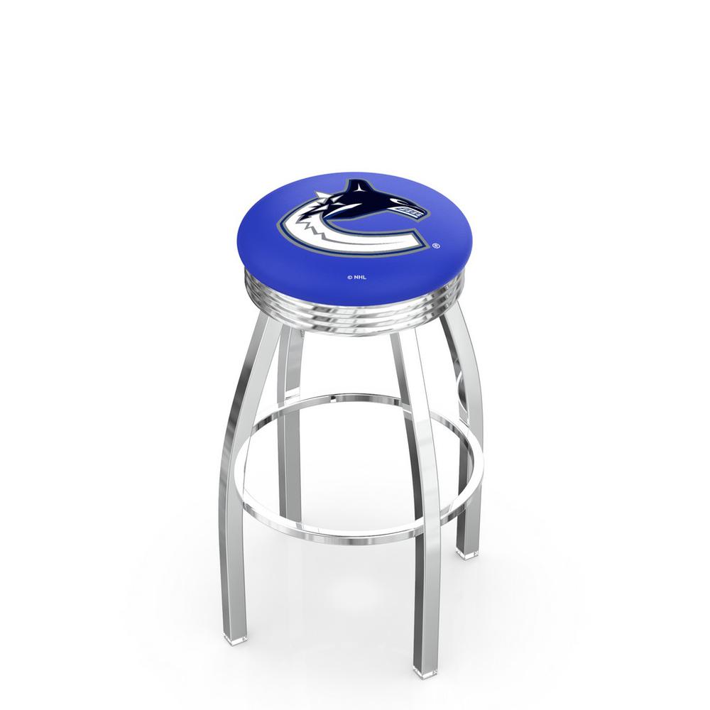 30" L8C3C - Chrome Vancouver Canucks Swivel Bar Stool with 2.5" Ribbed Accent Ring by Holland Bar Stool Company. Picture 1