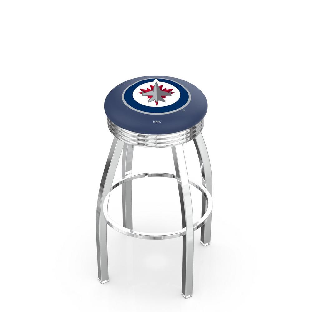 30" L8C3C - Chrome Winnipeg Jets Swivel Bar Stool with 2.5" Ribbed Accent Ring by Holland Bar Stool Company. Picture 1