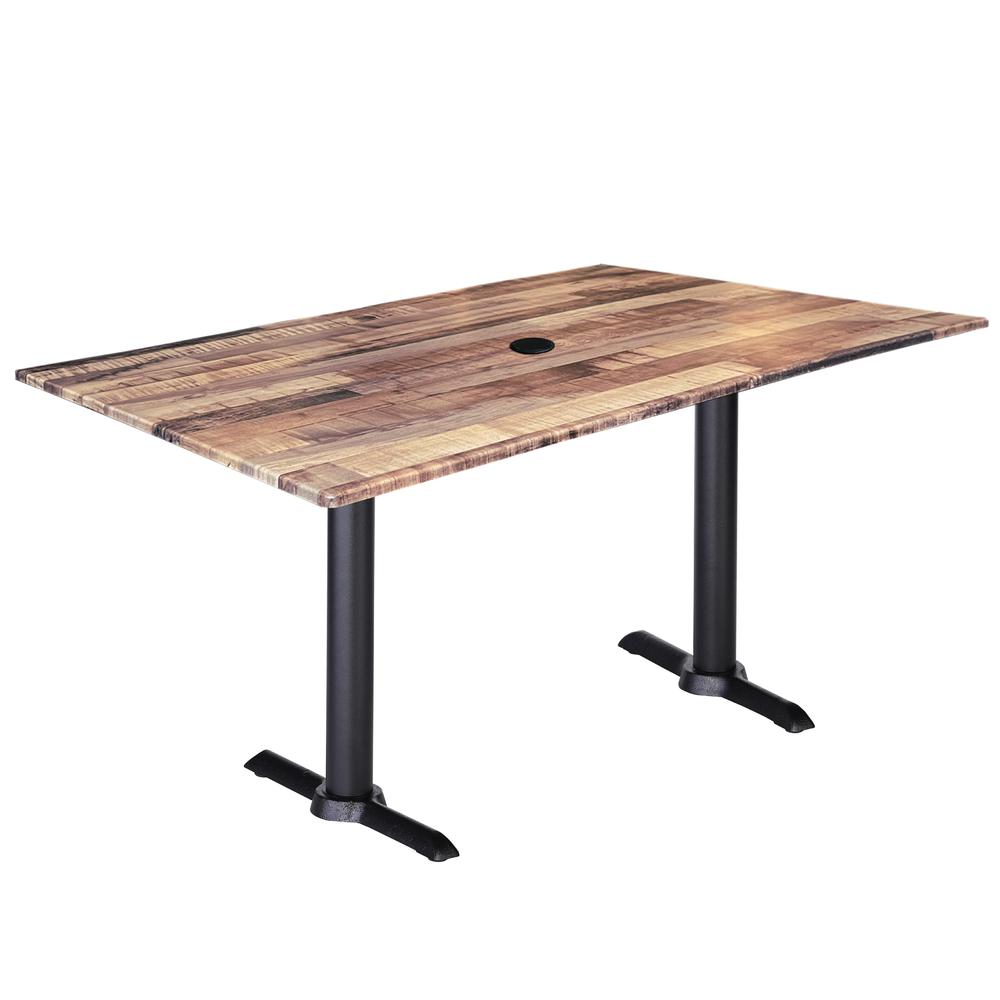 Two 30" Tall OD211EB Indoor/Outdoor All-Season Table Bases with a 30" x 48" Rustic Top with Umbrella Hole. Picture 1