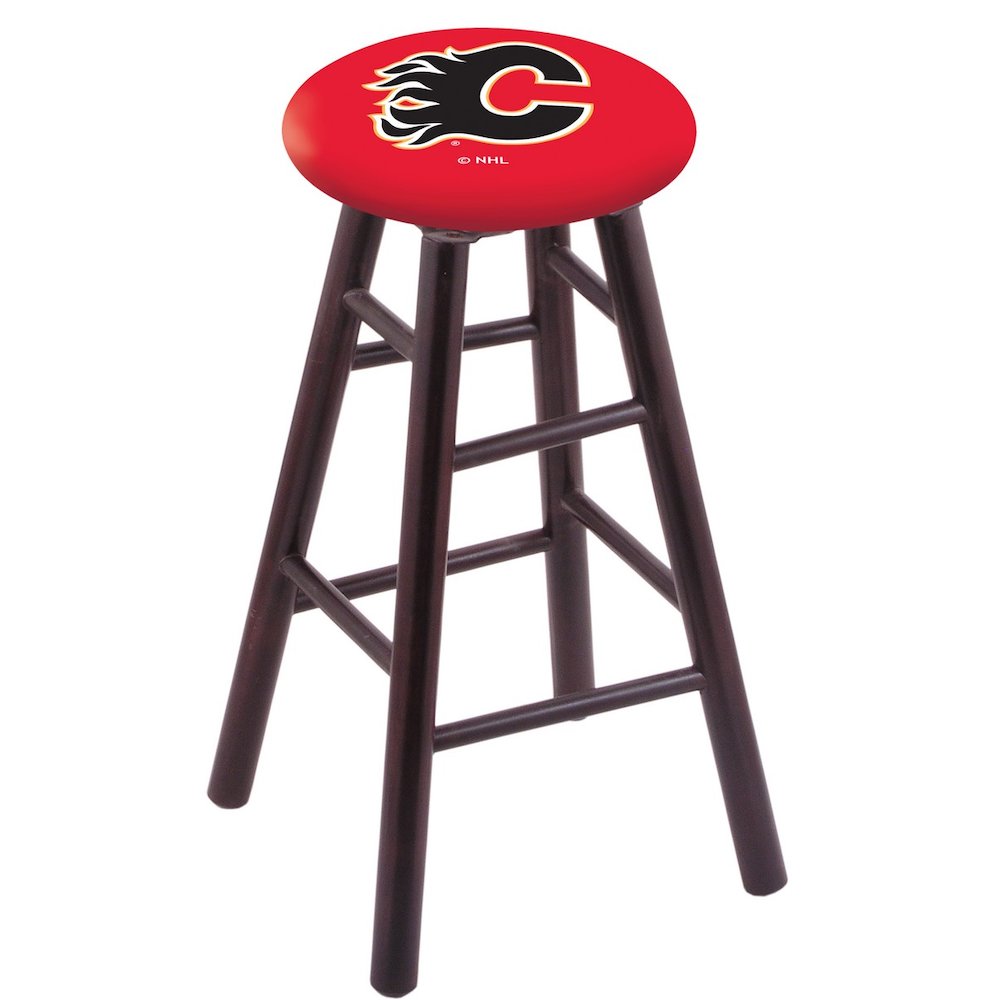 Maple Counter Stool in Dark Cherry Finish with Calgary Flames Seat. Picture 1