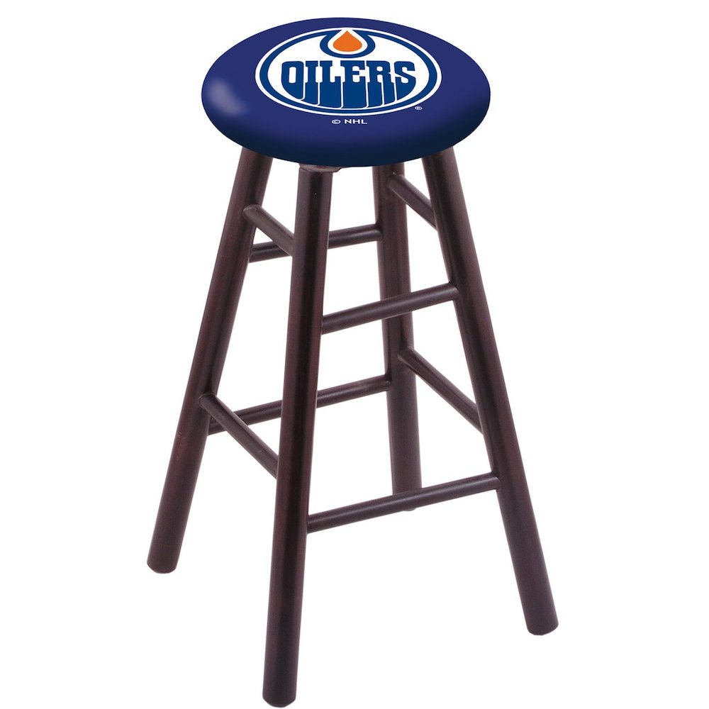 Maple Counter Stool in Dark Cherry Finish with Edmonton Oilers Seat. The main picture.