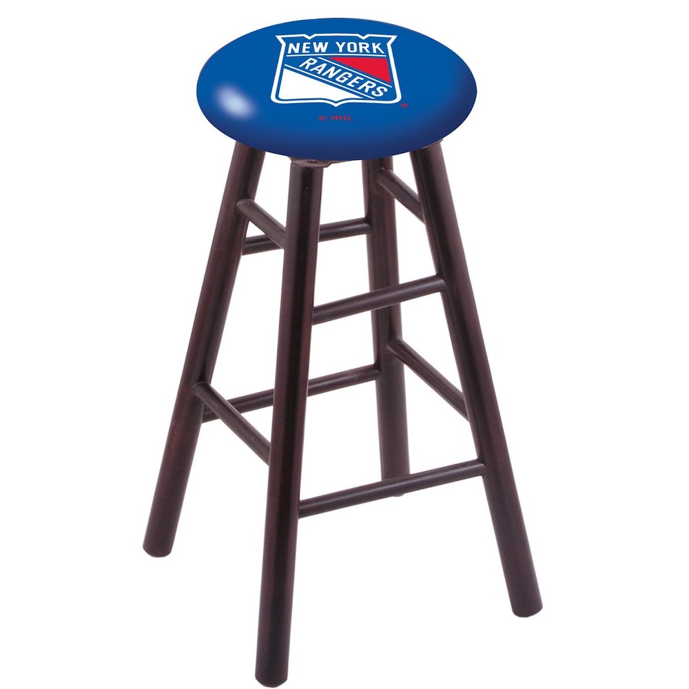 Maple Bar Stool in Dark Cherry Finish with New York Rangers Seat. Picture 1