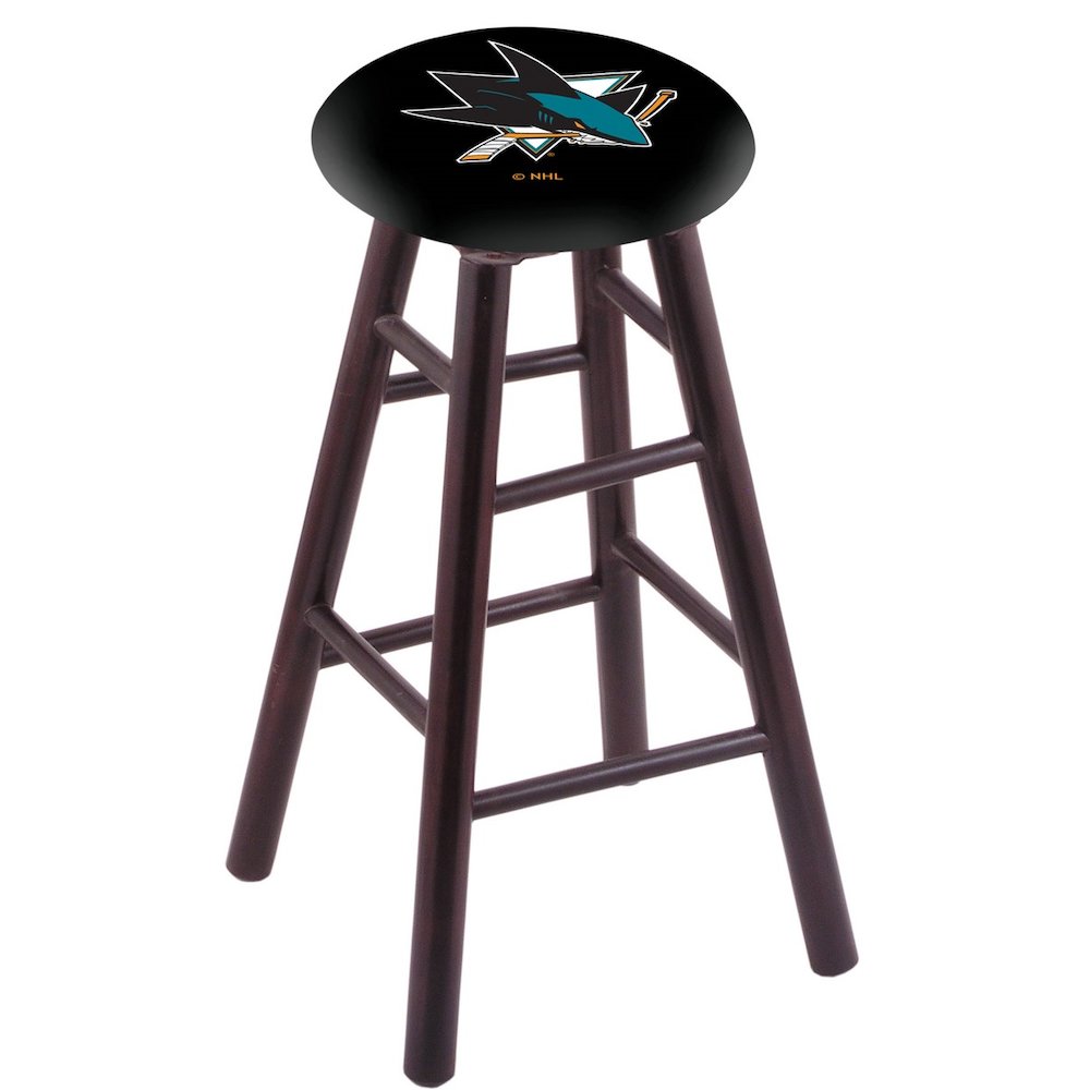 Maple Counter Stool in Dark Cherry Finish with San Jose Sharks Seat. Picture 1
