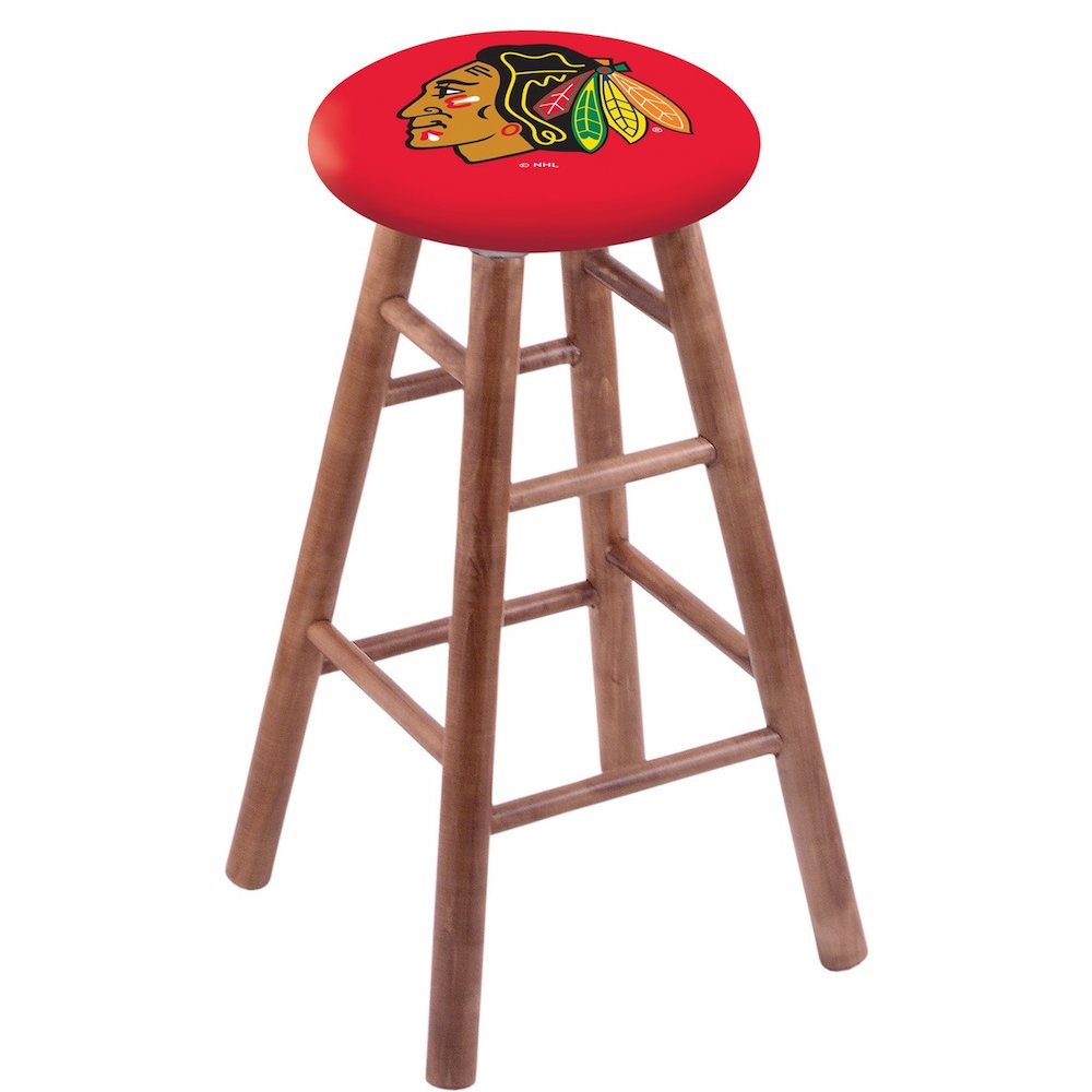 Maple Counter Stool in Medium Finish with Chicago Blackhawks Seat. Picture 1